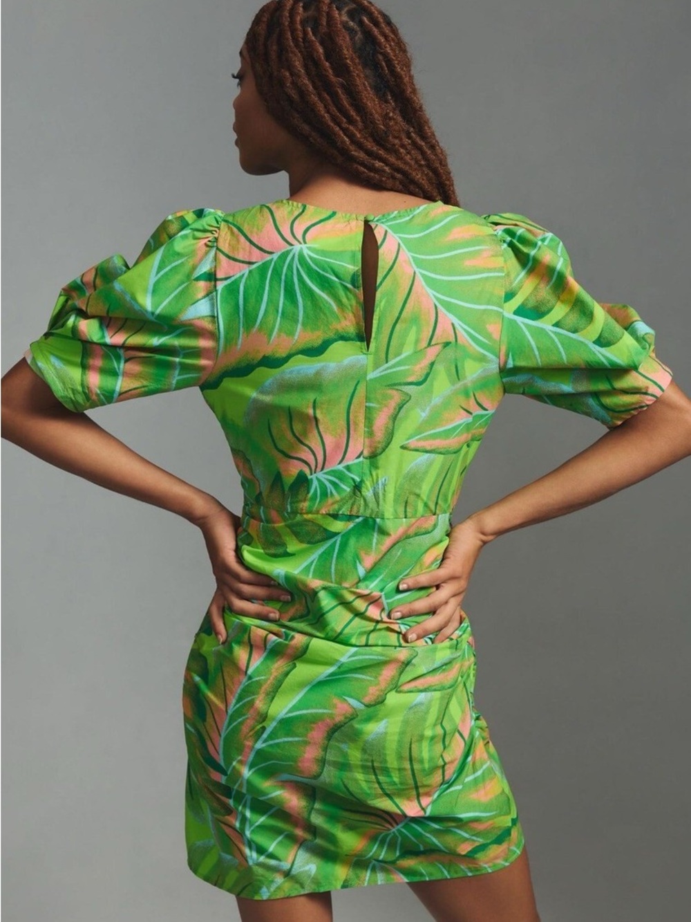 FARM Rio Neon Green Tropical Ruched Puff-Sleeve Mini Dress - Picture 2 of 10